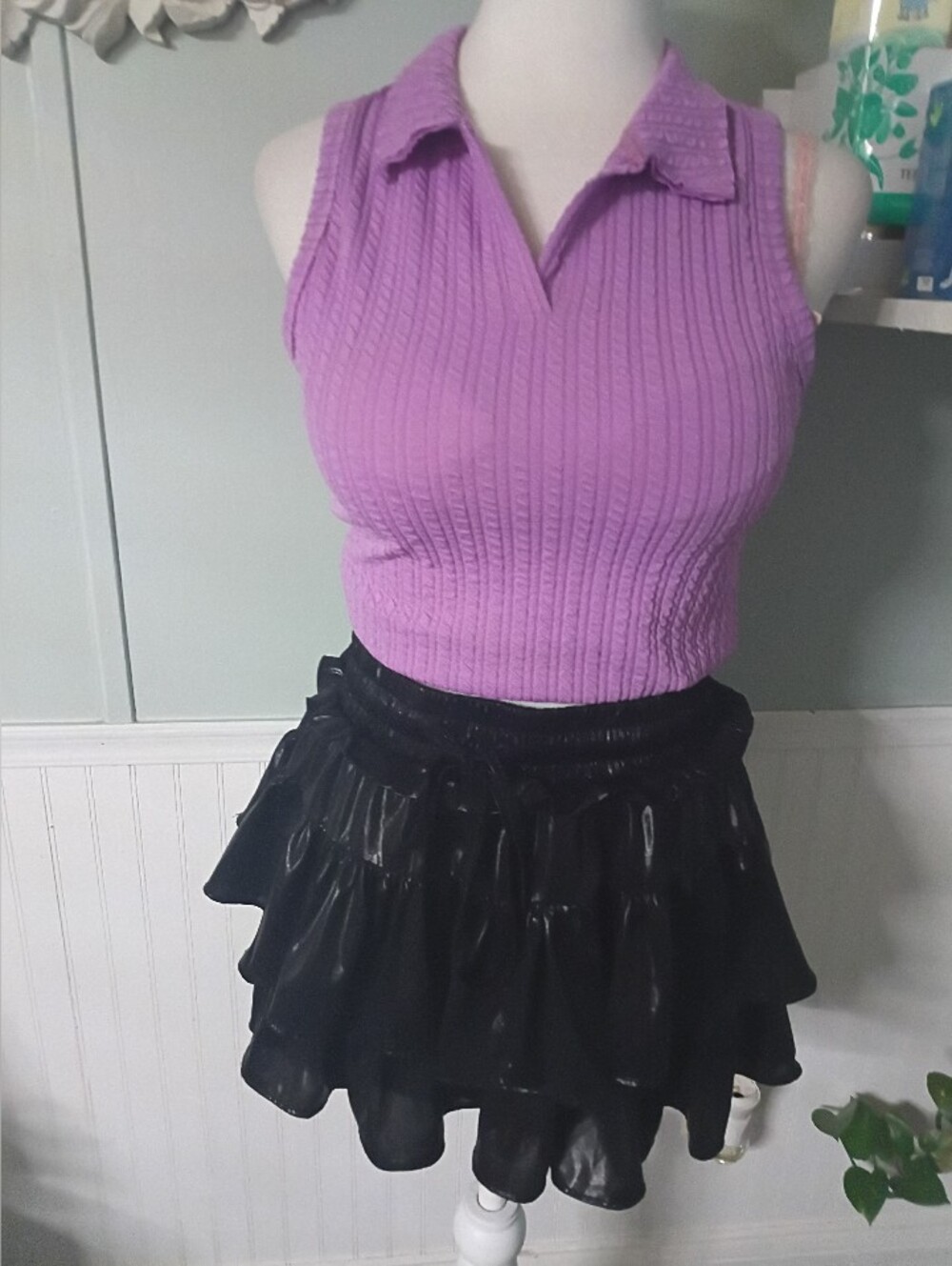 Black Faux-Leather Tiered Skater Skirt
